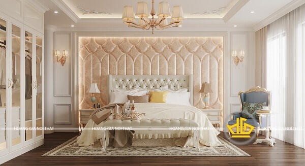 Mẫu giường ngủ tân cổ điển màu trắng vàng
