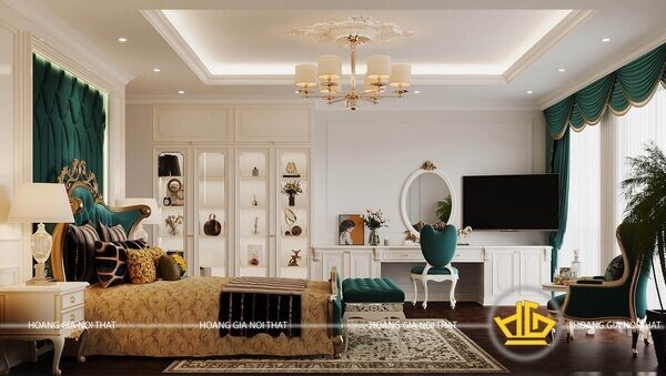 Giường tân cổ điển với tông màu trắng xanh