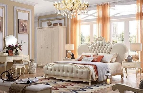 Giường ngủ tân cổ điển đầu giường bọc da