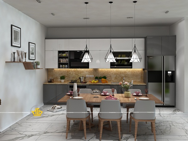 Mẫu tủ bếp gỗ Acrylic cao cấp kết hợp tối giản