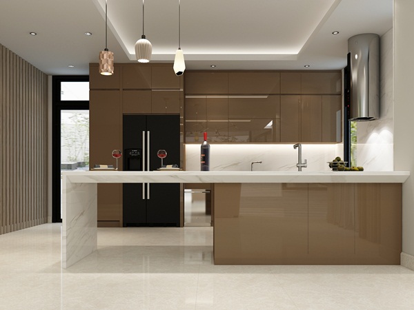 Mẫu tủ bếp gỗ Acrylic cao cấp sơn nâu