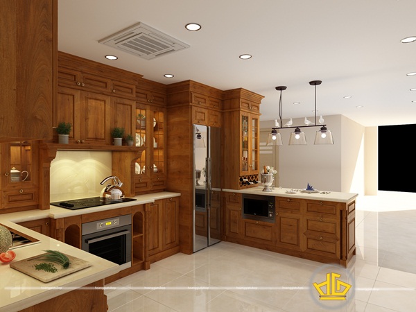 Mẫu tủ bếp gỗ gõ cao cấp đầy đủ tiện nghi