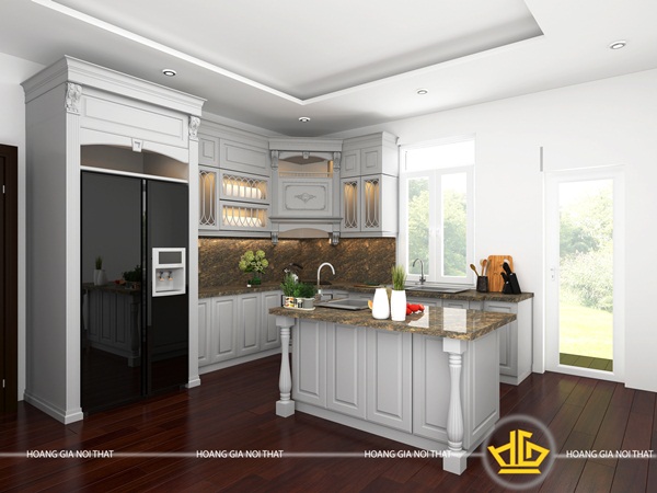 Mẫu tủ bếp gỗ lát Châu Phi sơn trắng