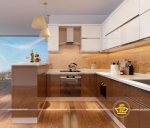 Tủ bếp loại acrylic màu be
