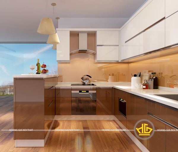 Tủ bếp loại acrylic màu be