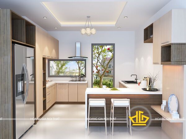 Tủ bếp gỗ dòng acrylic chữ L vân gỗ 