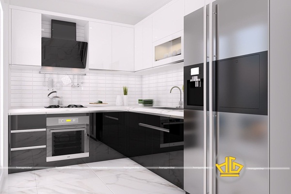 Mẫu tủ bếp acrylic An Cường tông trắng chữ L tối ưu diện tích