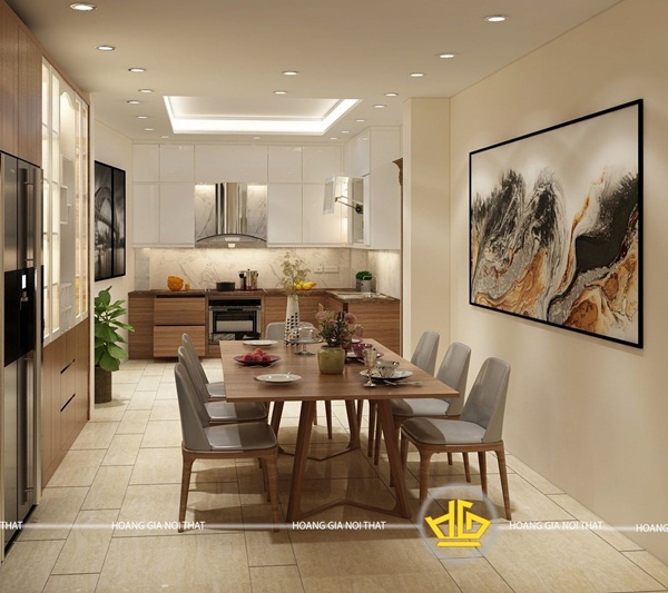 Mẫu tủ bếp acrylic An Cường được thiết kế cùng màu với bàn ăn