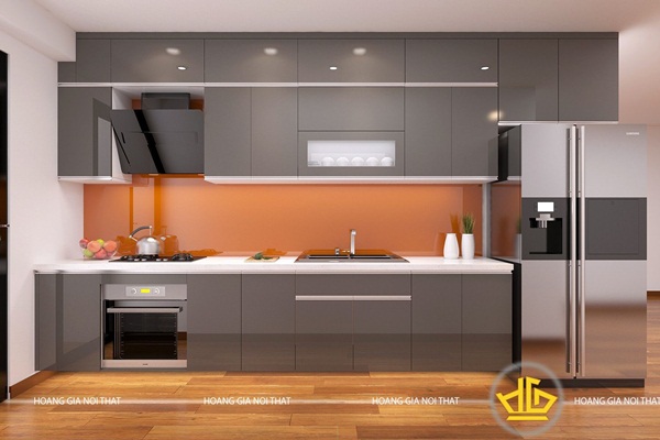 Mẫu tủ bếp acrylic An Cường được thiết kế âm lò nướng rất tiện nghi