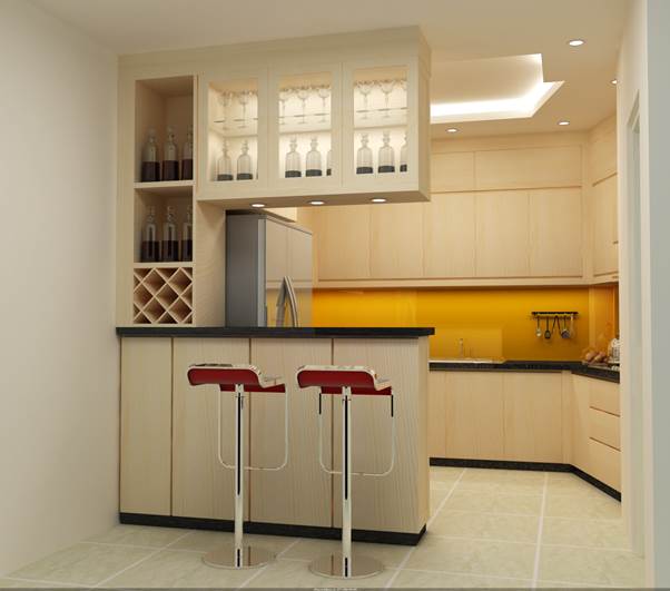 Tủ bếp Acrylic chữ U Với tông màu nâu nhẹ nhàng