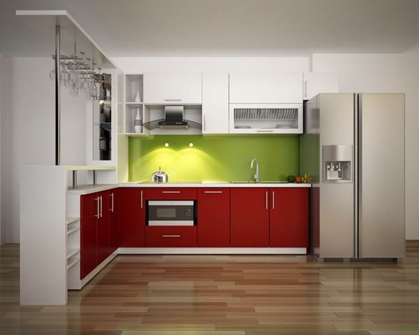 Tủ bếp acrylic kết hợp với nhiều gam màu