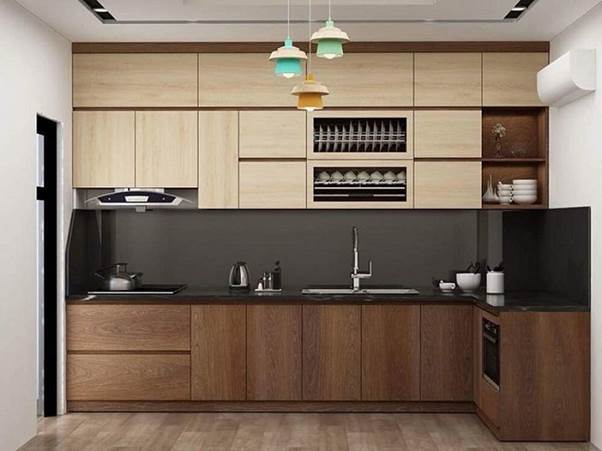 Tủ bếp acrylic màu vân gỗ