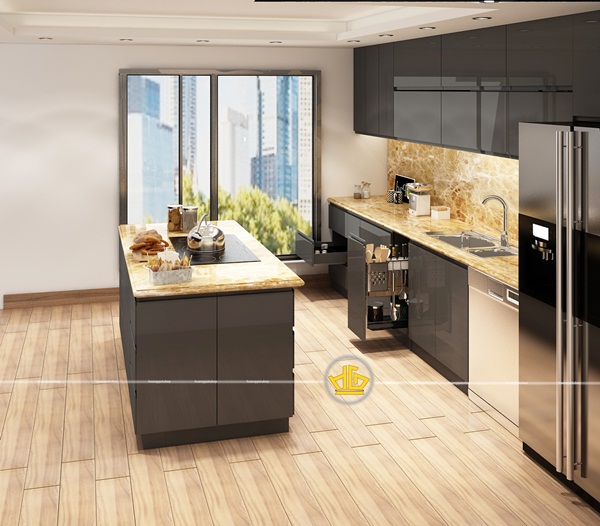 Tủ bếp cao cấp Acrylic với nhiều ngăn tiện ích, hiện đại