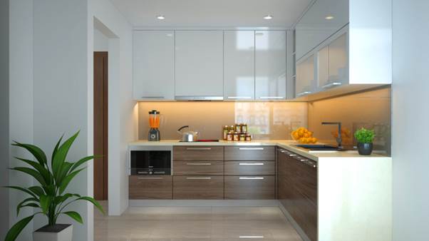 Tủ bếp chữ L được phủ acrylic bóng gương hiện đại