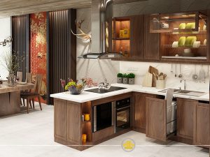 Tủ bếp gỗ óc chó tự nhiên