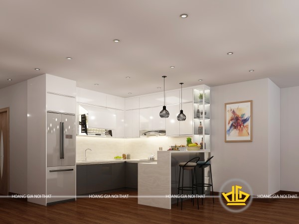 Tủ bếp màu acrylic sắc trắng