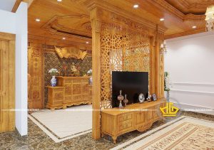 Kệ vách ngăn phòng khách gỗ phong cách tân cổ điển