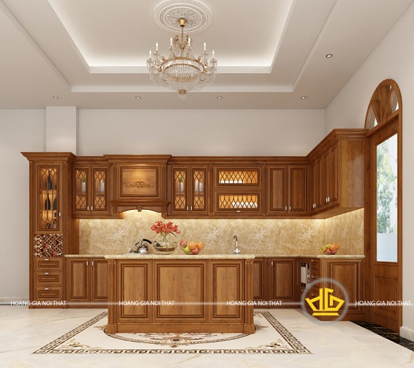 Mẫu 13 - Tủ bếp có quầy bar gỗ tự nhiên, sang trọng bằng gỗ Cẩm