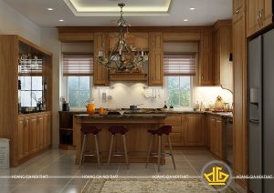 Mẫu 12 - Tủ bếp có quầy bar bằng gỗ Lát nâu