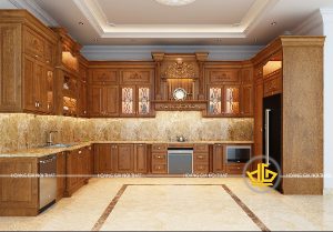 Mẫu tủ bếp hình chữ L bằng gỗ gõ nhà bác Thanh tại Sài Gòn