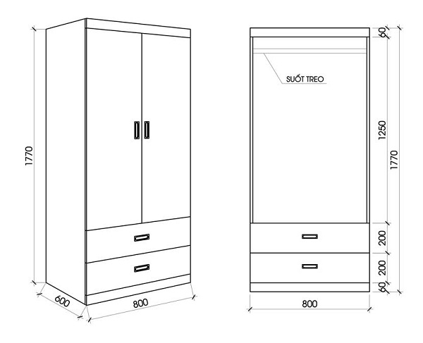 Kích thước tủ quần áo 2 cánh