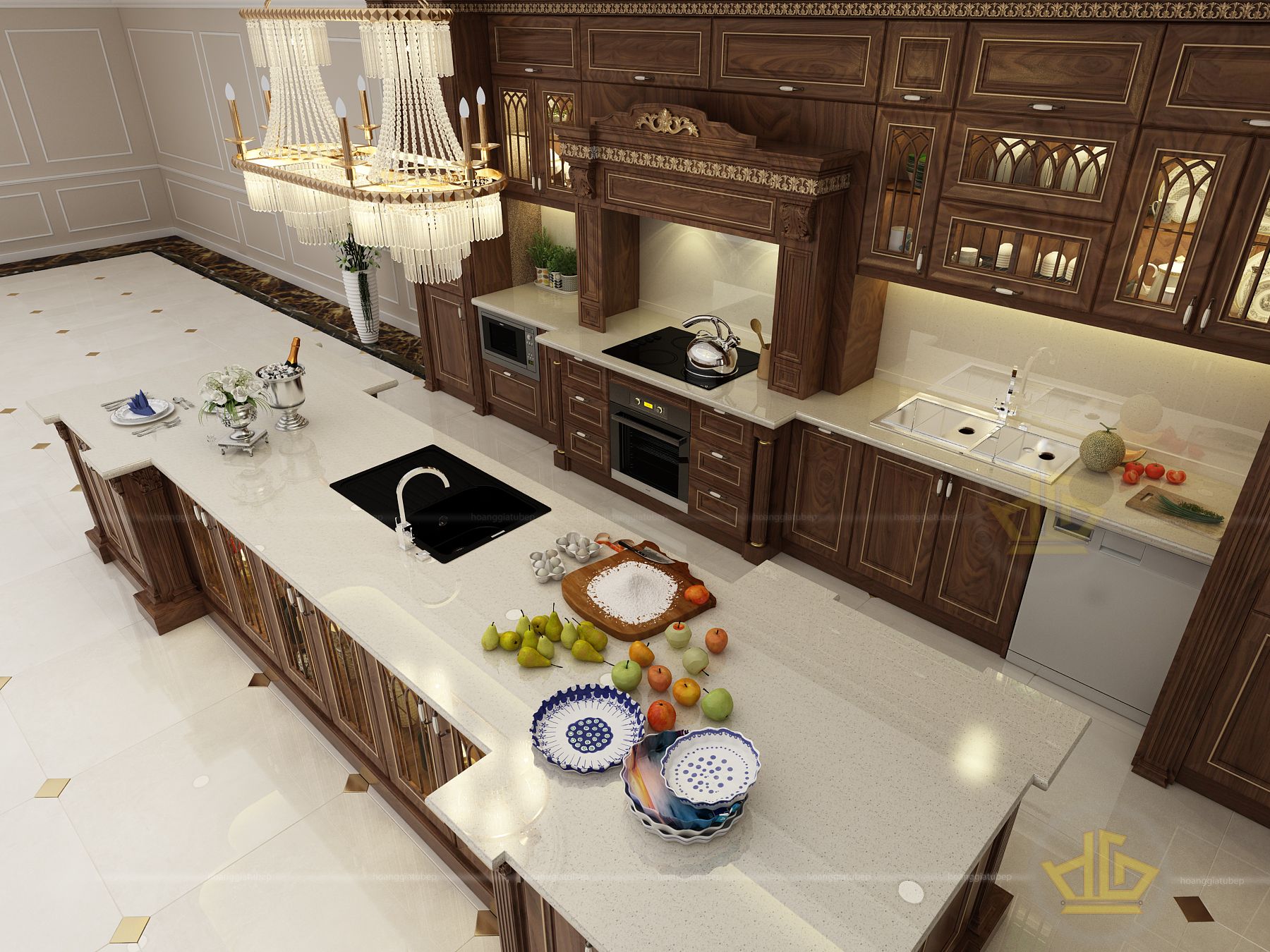 mẫu tủ bếp gỗ tân cổ điển